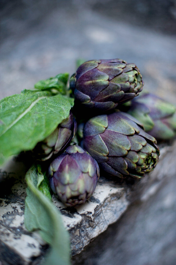 Fresh artichokes on a stone wall