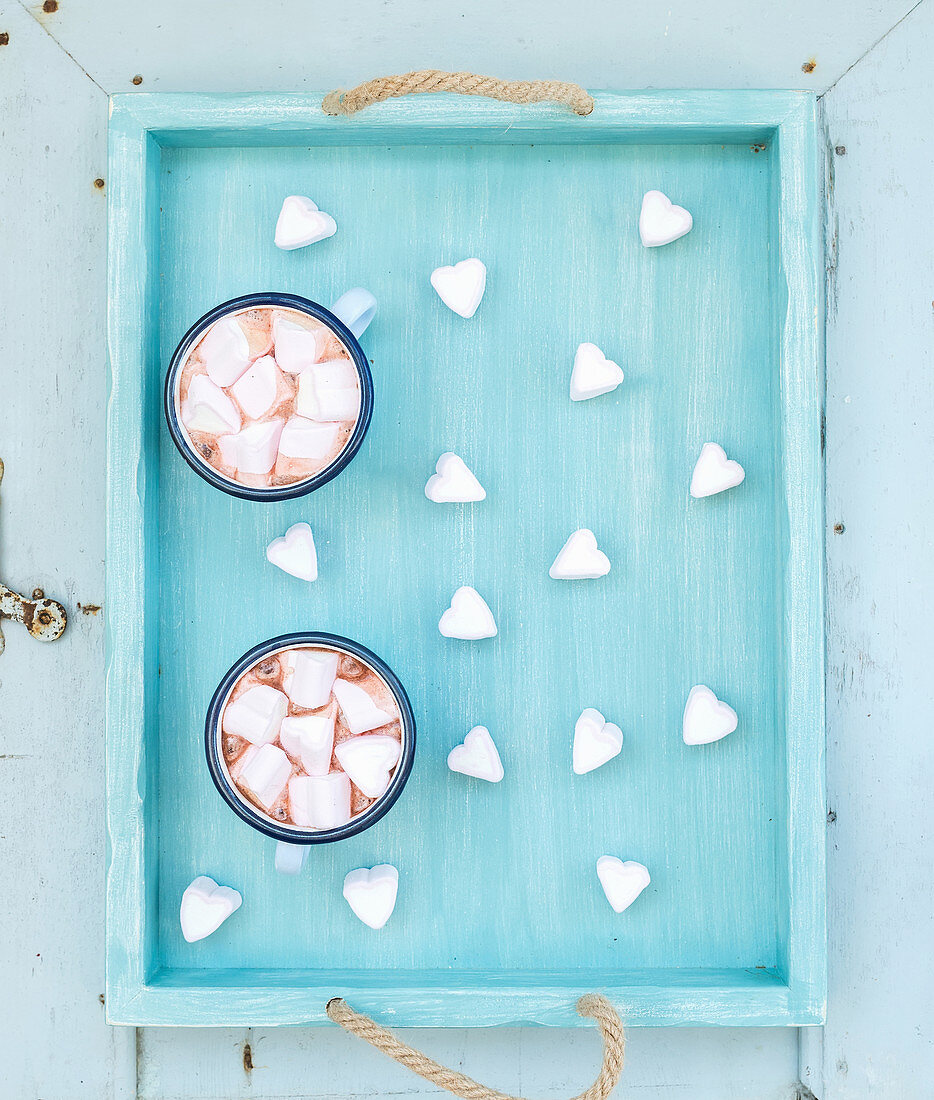 Saint Valentine's holiday greeting set - hot chocolate and heart shaped marshmallows in old enamel mugs