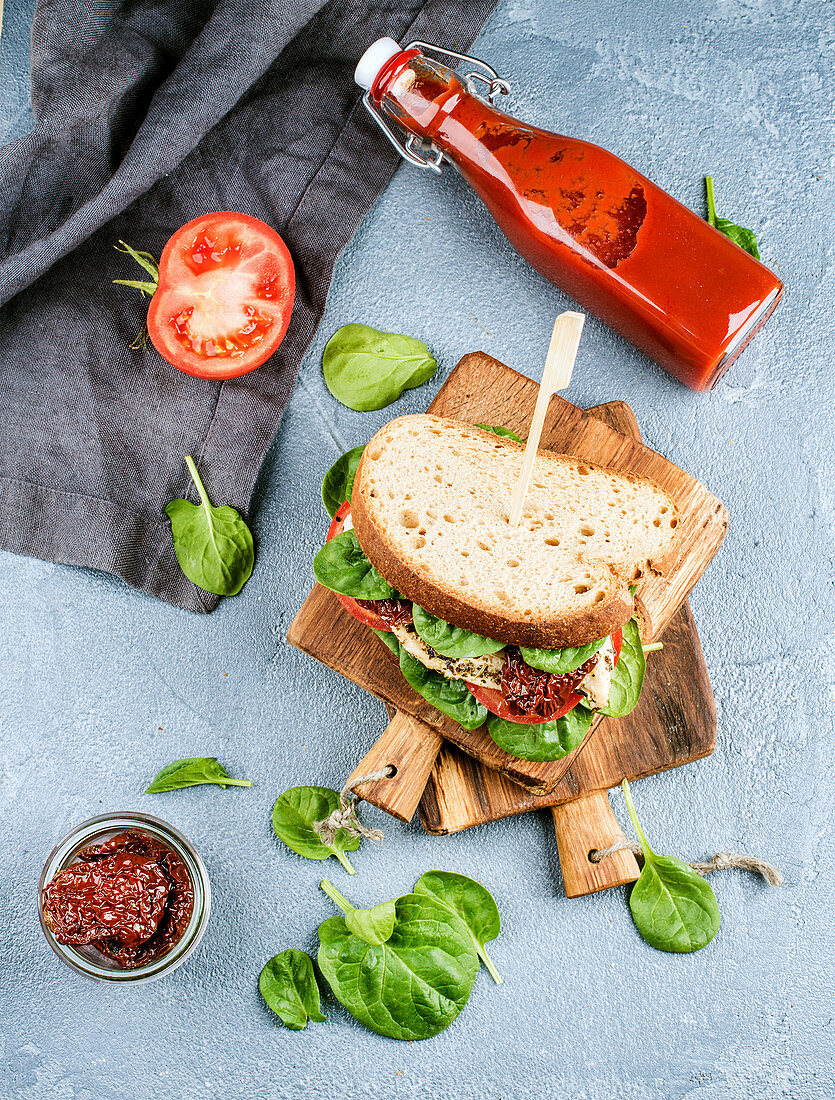 Chicken, sun-dried tomato and spinach sandwich with spicy sauce