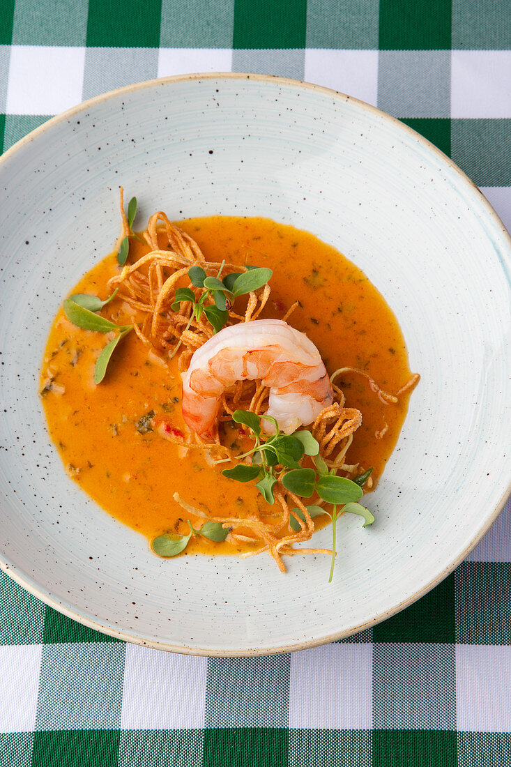 Coconut and curry soup with prawns