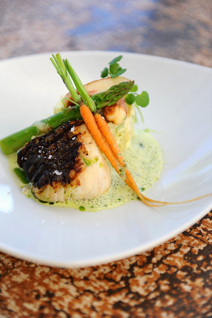 Fried fish fillet with spring vegetables and herb foam