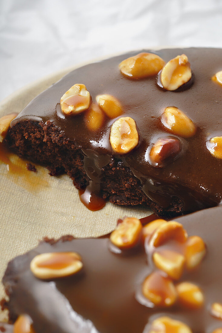 A brownie cake with salted caramel and roasted peanuts (close up)