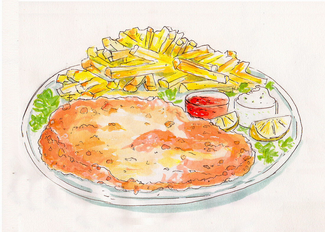 Schnitzel with chips (illustration)