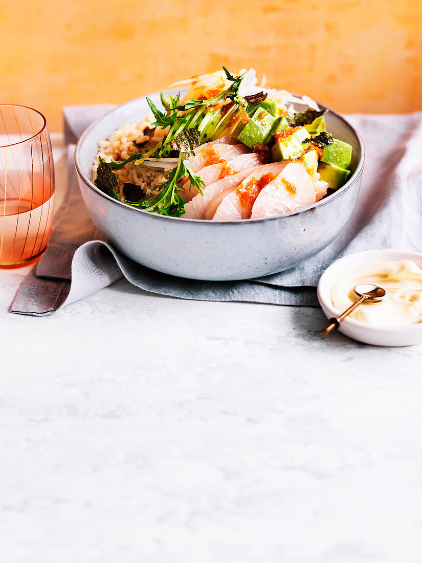 King fish poke bowl with pickled ginger ponzu