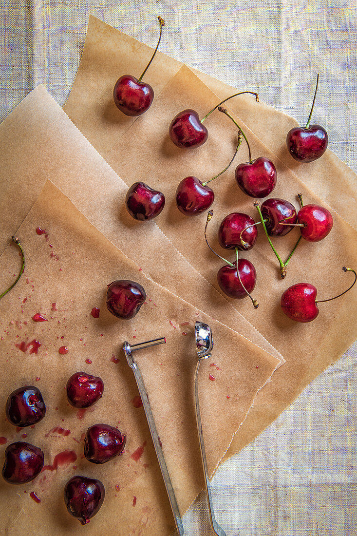 Cherries with a de-stoner, view from above
