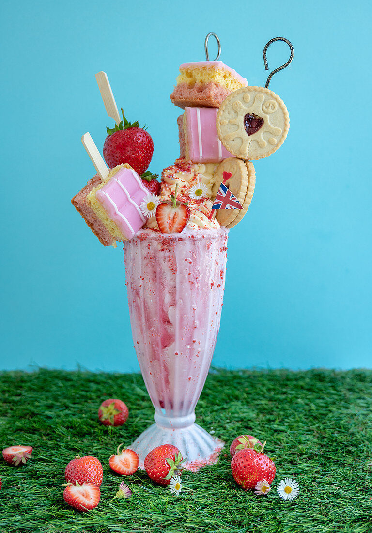Strawberry freakshake topped with cake, cookies, strawberries and whipped cream