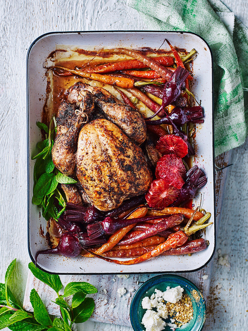 Roasted sumac chicken with baby vegetables