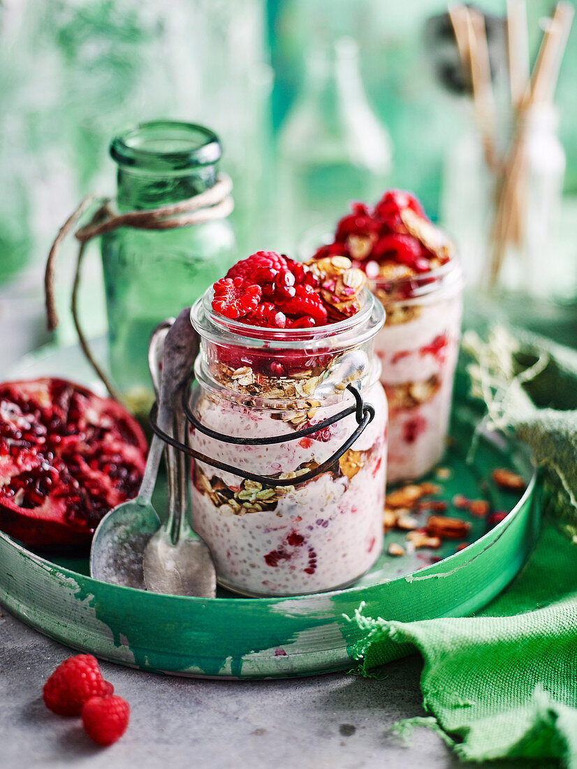 Chia bircher with granola and pomegranate