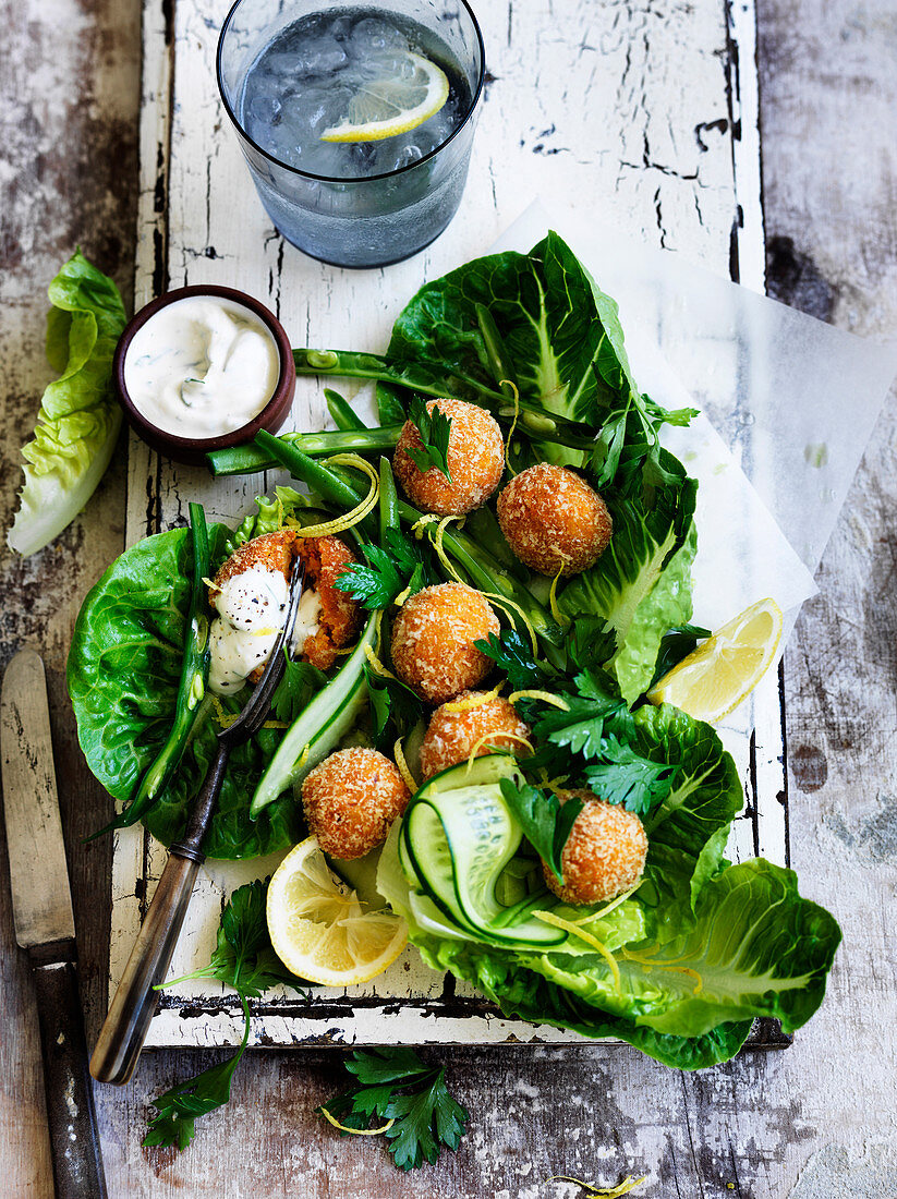 Carrot and harissa falafel with tahini yoghurt