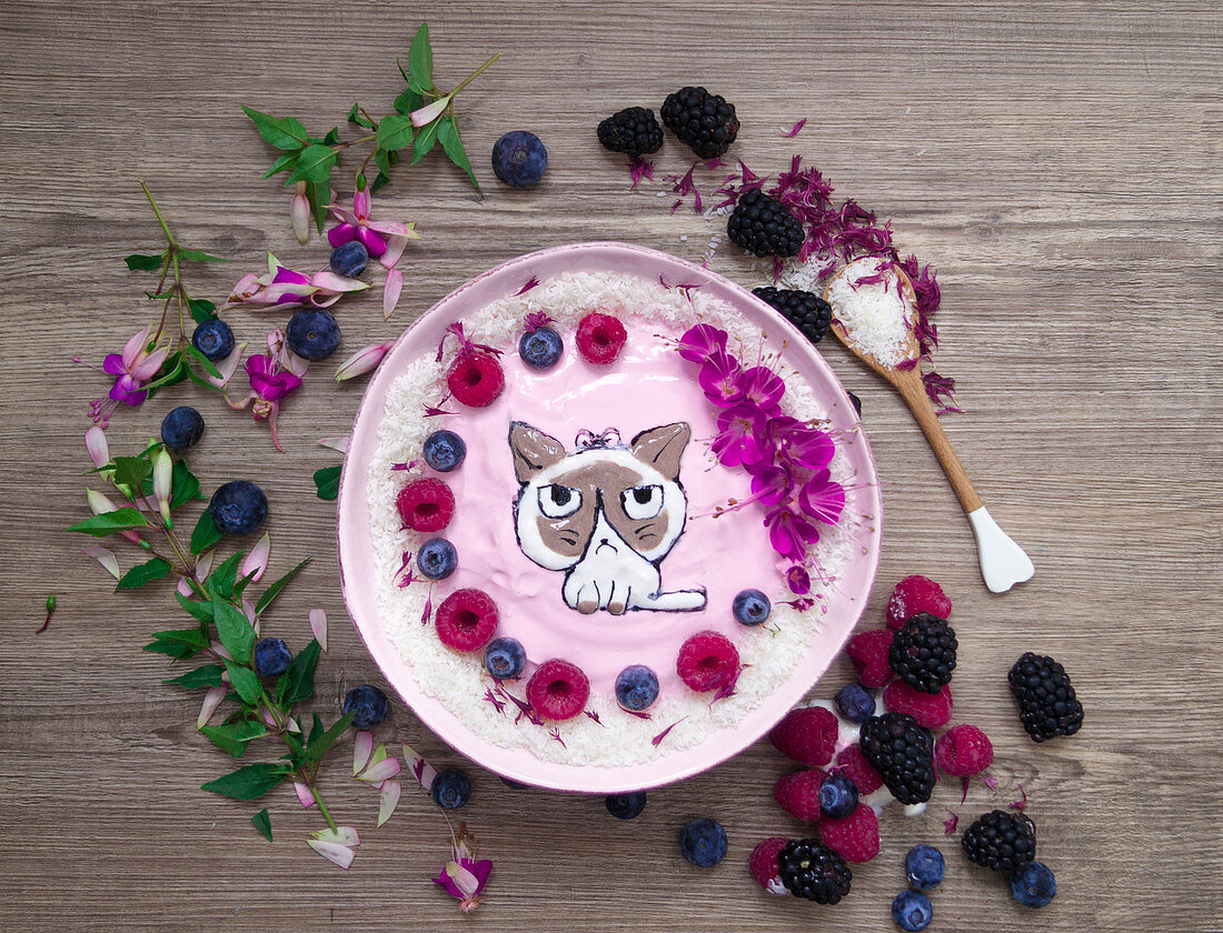 Berry smoothie bowl decorated with Grumpy Cat
