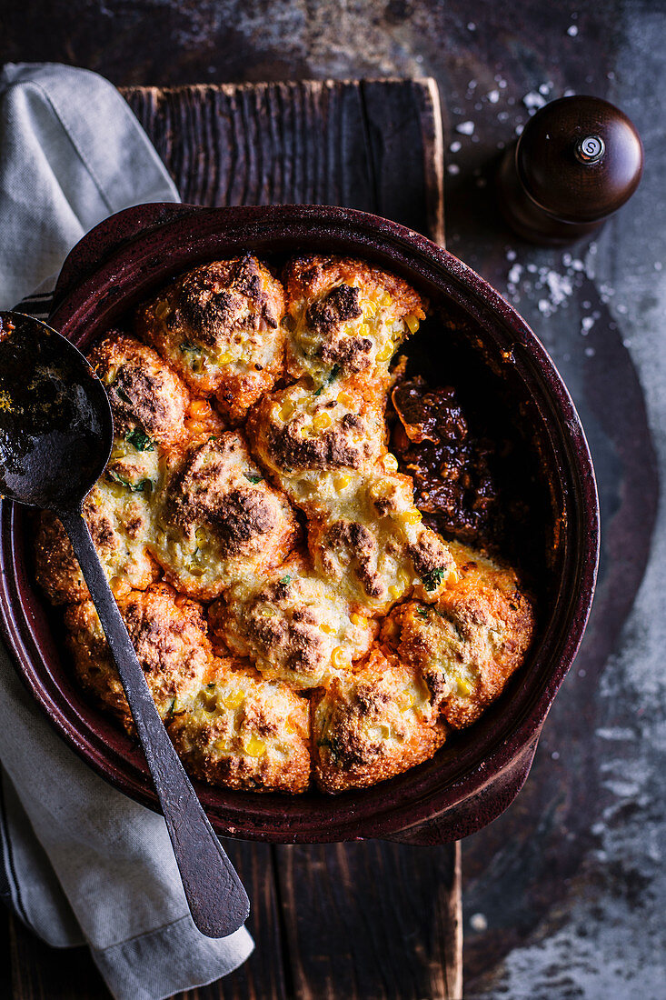 Slow-roasted chipotle beef stew with sweetcorn dumplings