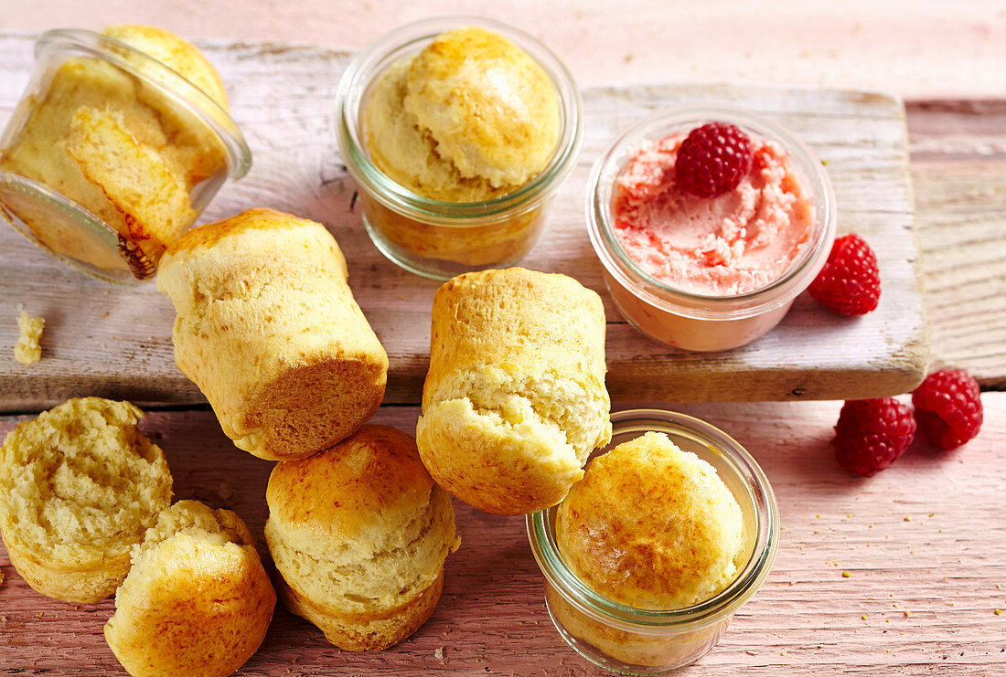 Mini scones made in jars with raspberry butter