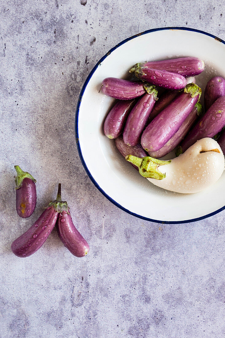 Purple and white baby eggplants