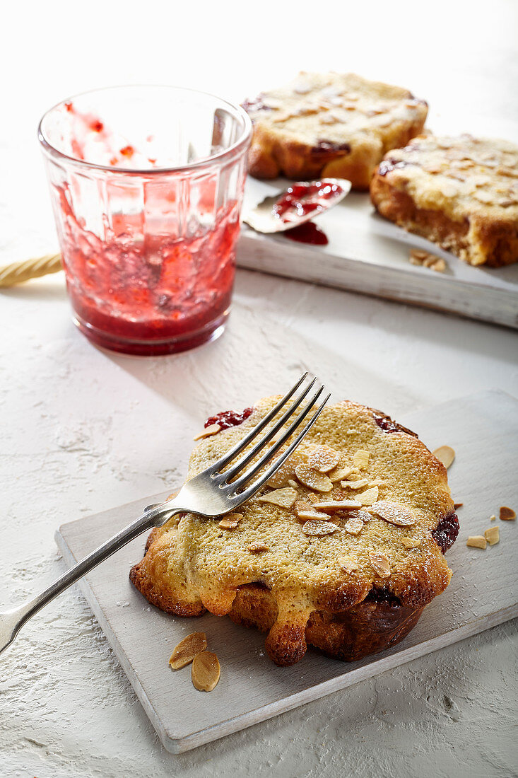 Bostock (baked brioche slices) with strawberry jam