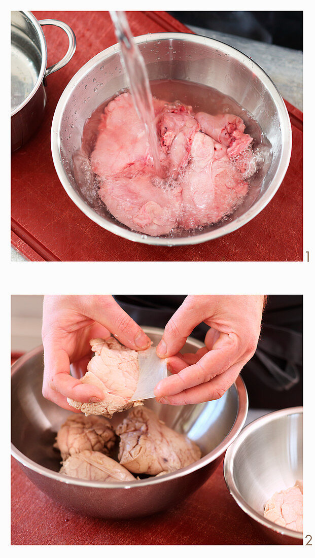 Sweetbread being prepared: soaking in water and removing skin