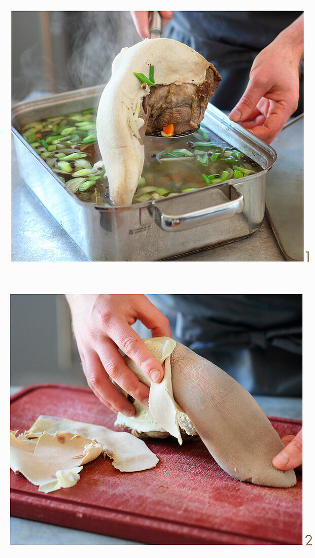 Veal tongue being prepared: cooking in broth and skin being removed