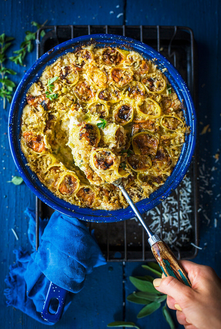 Baked cannelloni with winter vegetables and bacon