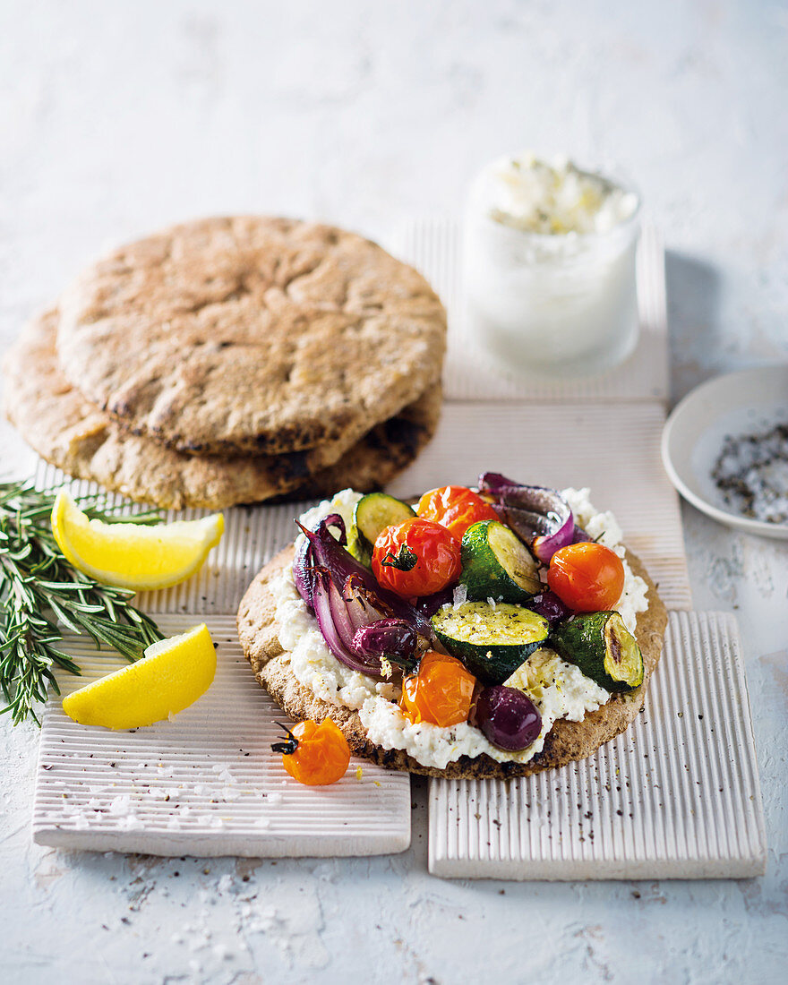 Mediterranean vegetable open pitas with lemon ricotta