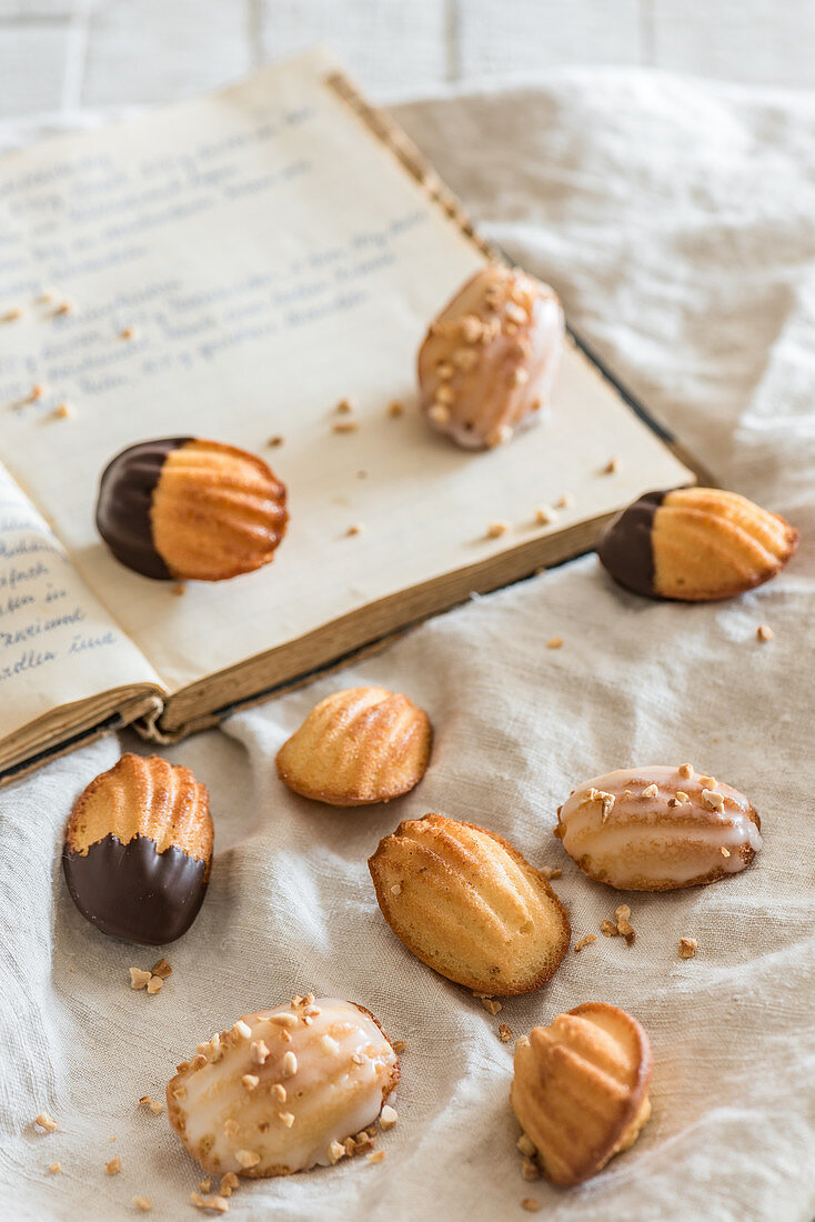 Madeleines with chopped nuts, dark chocolate and icing sugar