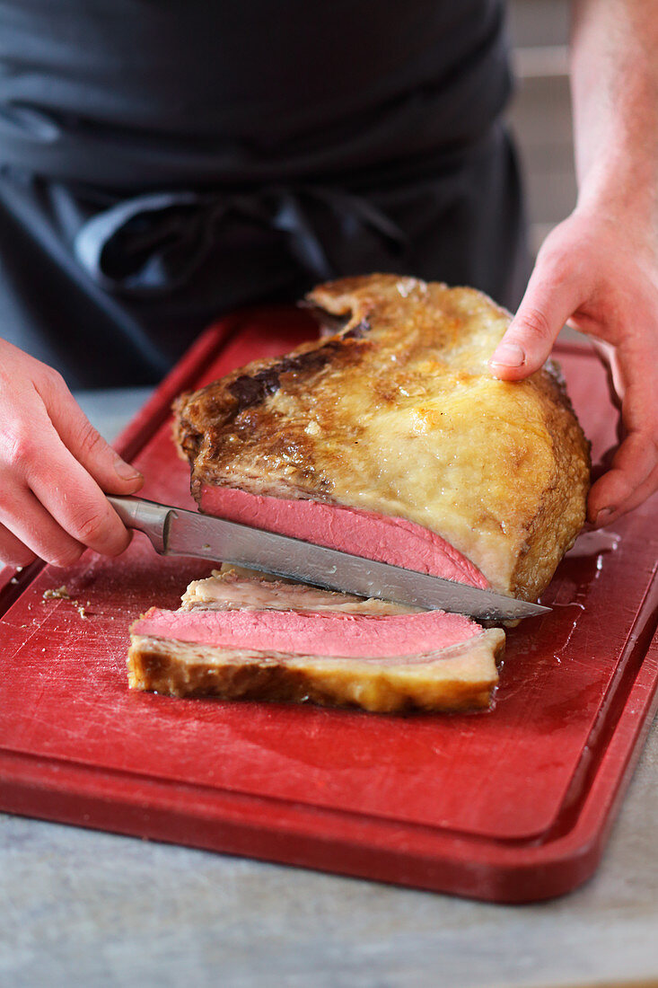 Pastrami being cut open