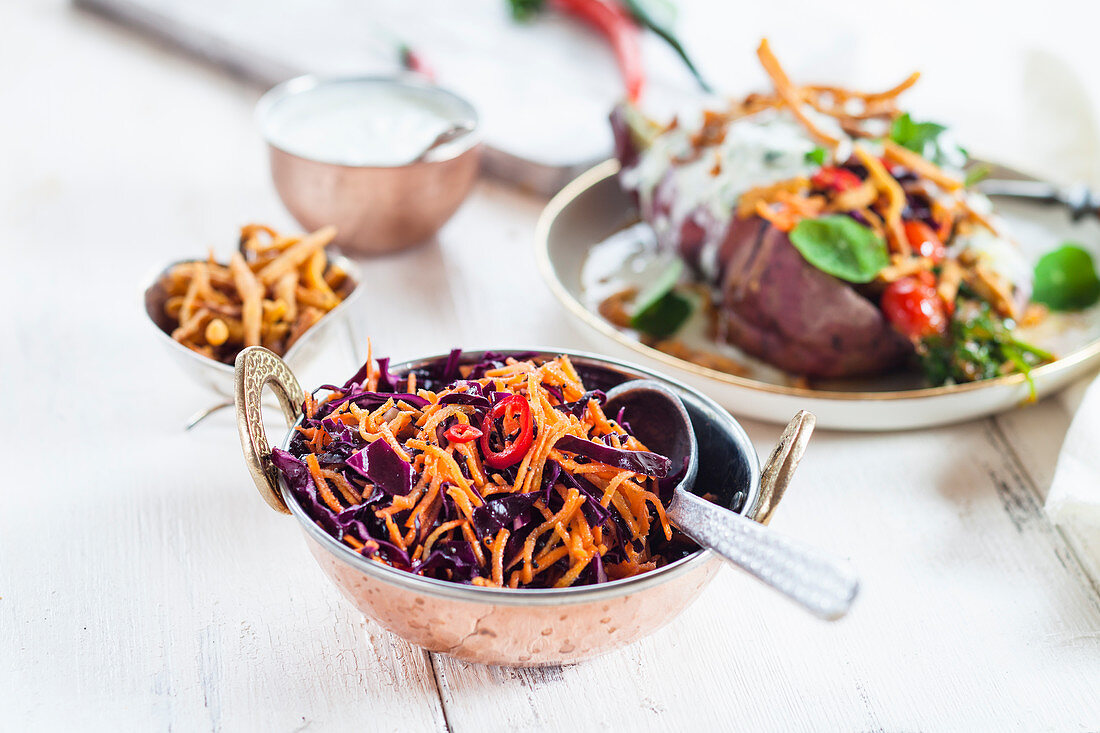 Spicy gujarati potato and red cabbage salad with chillis