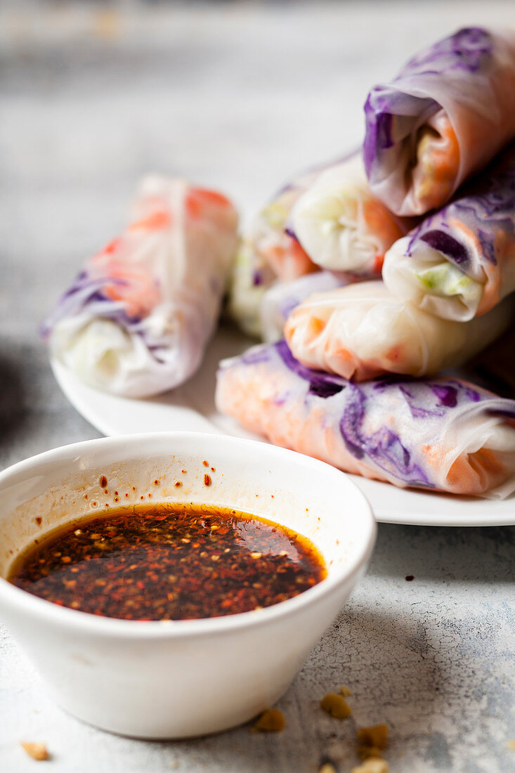 Vegan summer rolls with a spicy chili dip