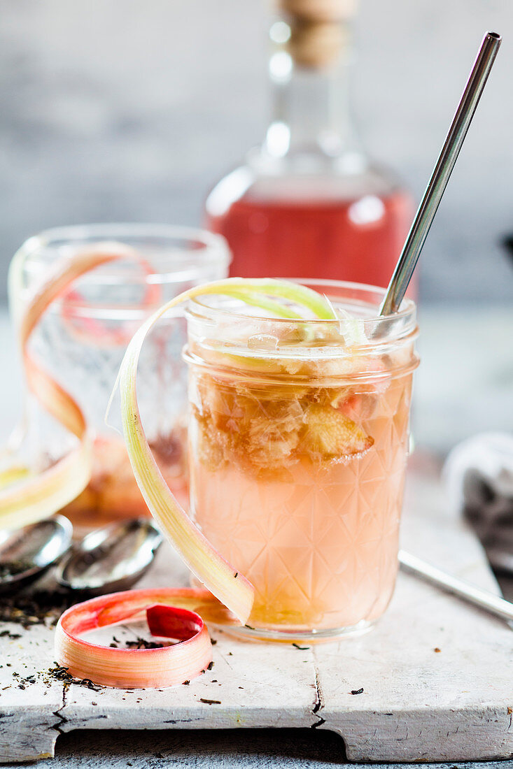A cocktail of jasmine tea, roasted rhubarb, rhubarb gin, and vanilla syrup