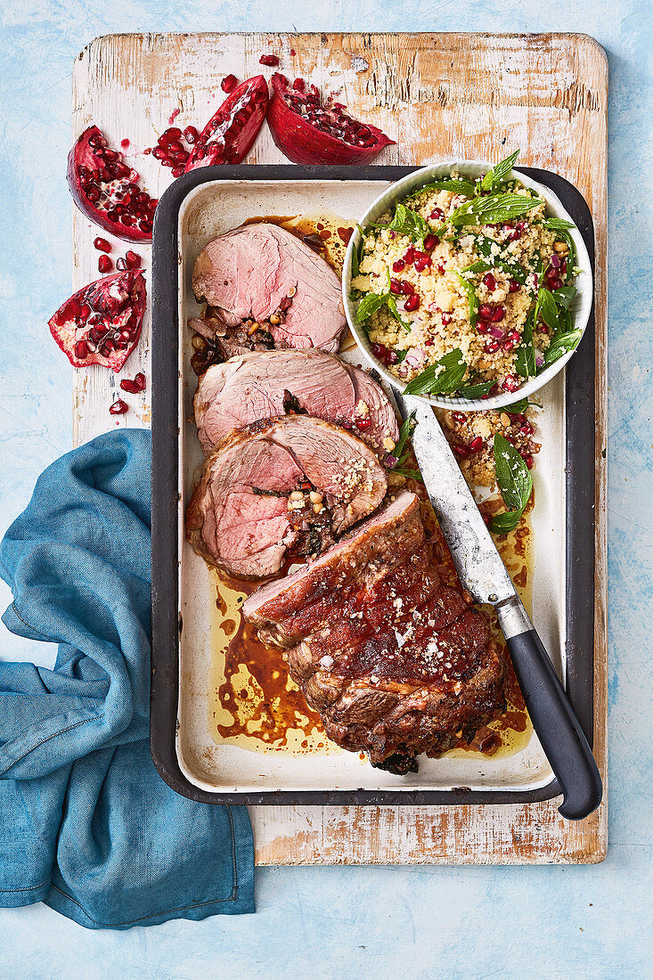 Roast lamb with date stuffing and mint couscous