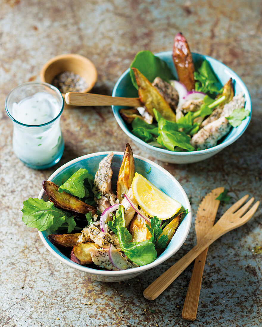 Roasted sweet potatoes with smoked mackerel