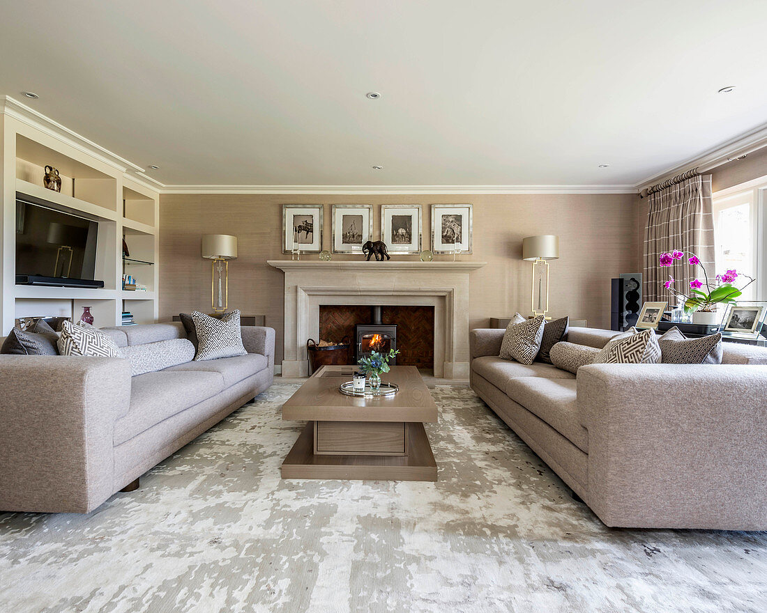 Gegenüberstehende Sofas im eleganten Wohnzimmer in Grau