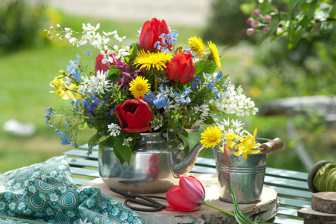 Colorful Spring Bouquet In Old Teakettle