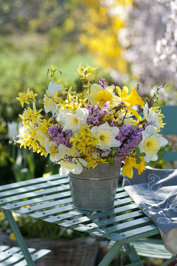 Spring Bouquet With Daffodils, Gold Bells And Hyacinths