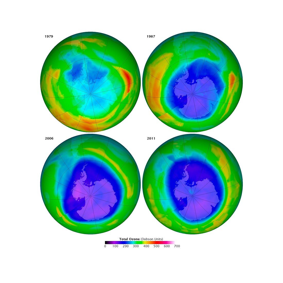 Ozone hole changes 1979 to 2011, satellite images