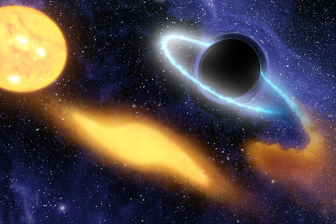 Supermassive black hole destroying star, illustration