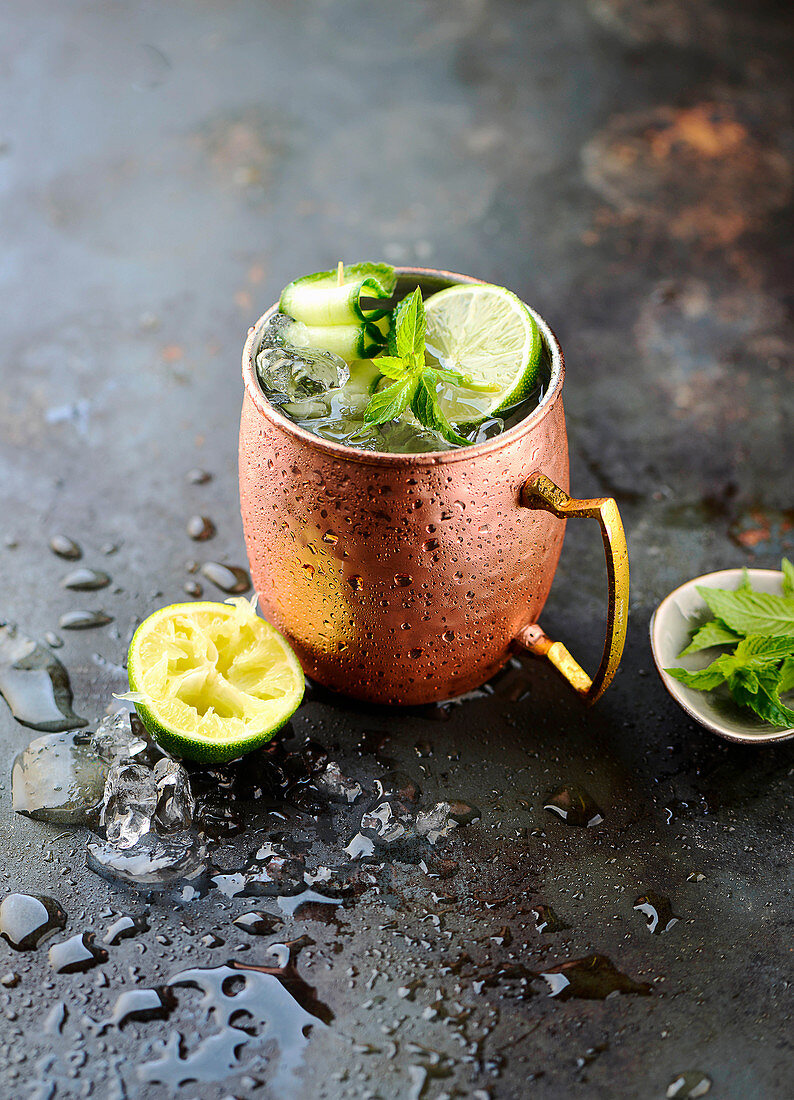 Moscow Mule Cocktail with vodka, limes and mint