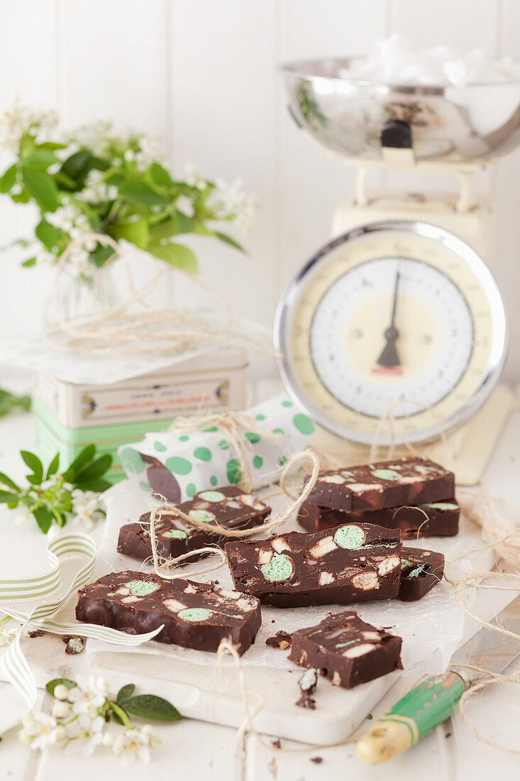 Chocolate fridge cake with mint in a vintage kitchen