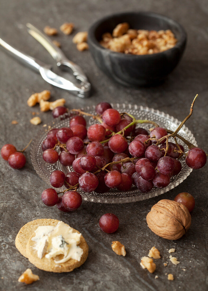 Red Grapes with Cheese Savoury Crackers and Walnuts