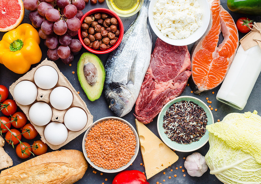 An arrangement of healthy food (seen from above)