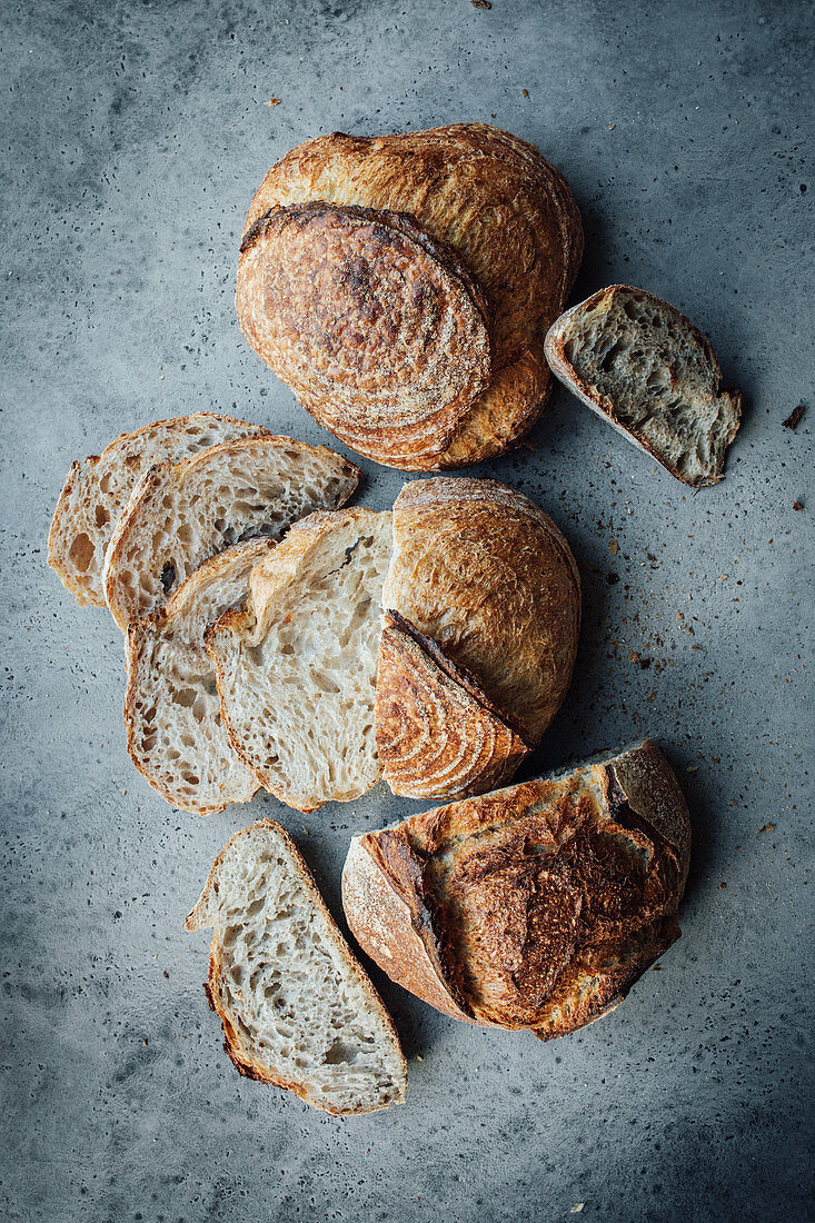 Brotstilleben mit angeschnittenen Brotlaiben auf grauem Untergrund