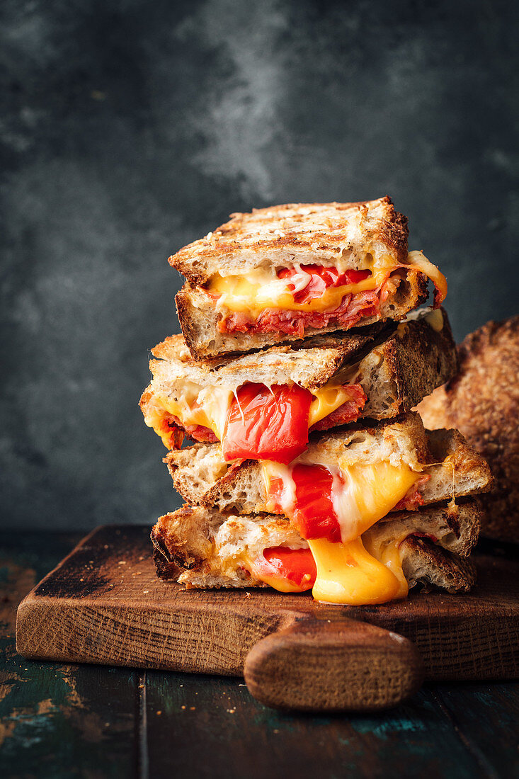 Toasted sandwiches with chorizo, cheese and grilled peppers