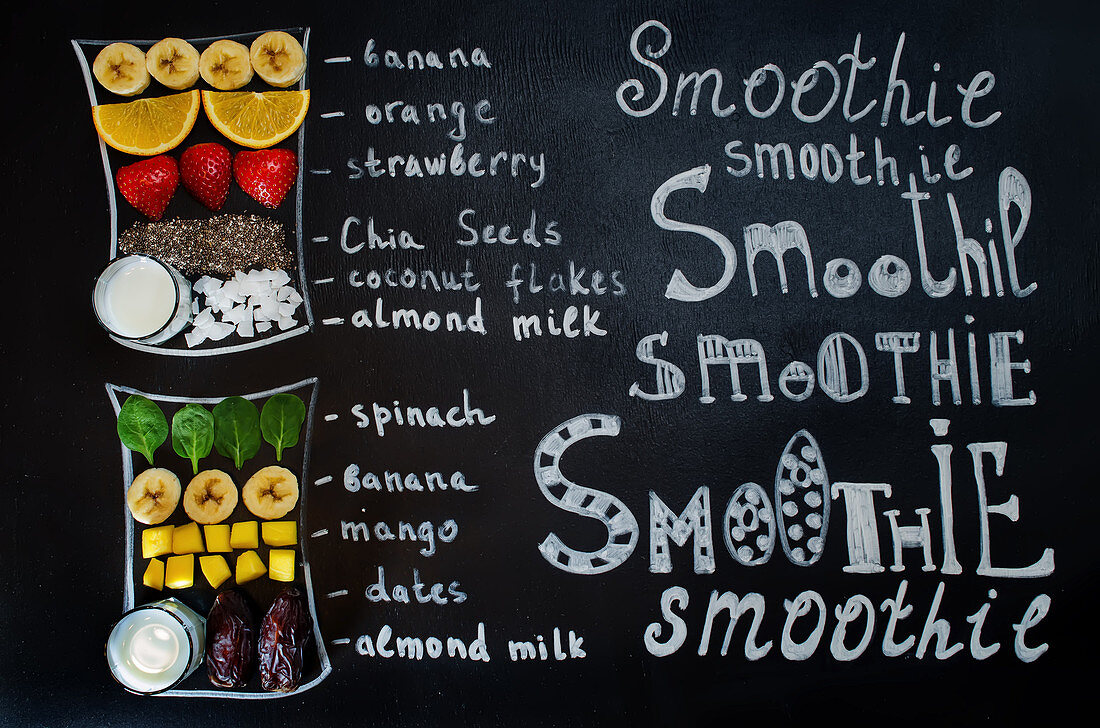 Illustrations and an ingredient list for two fruity smoothies