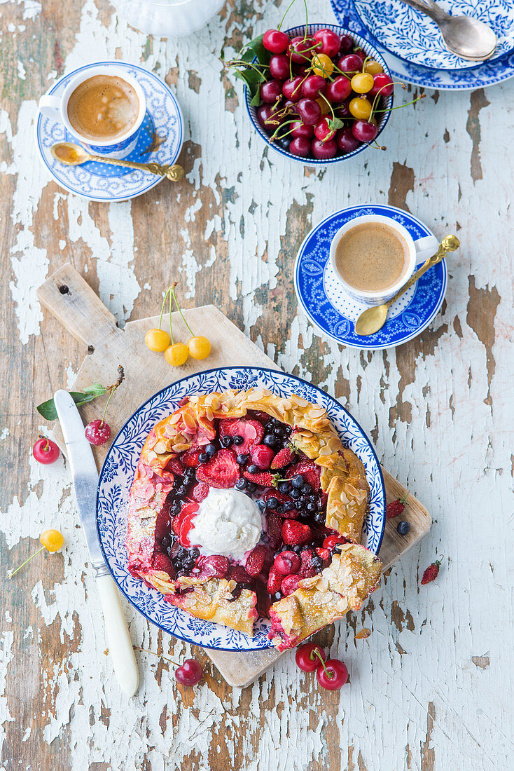 Galette with berries and vanilla ice cream