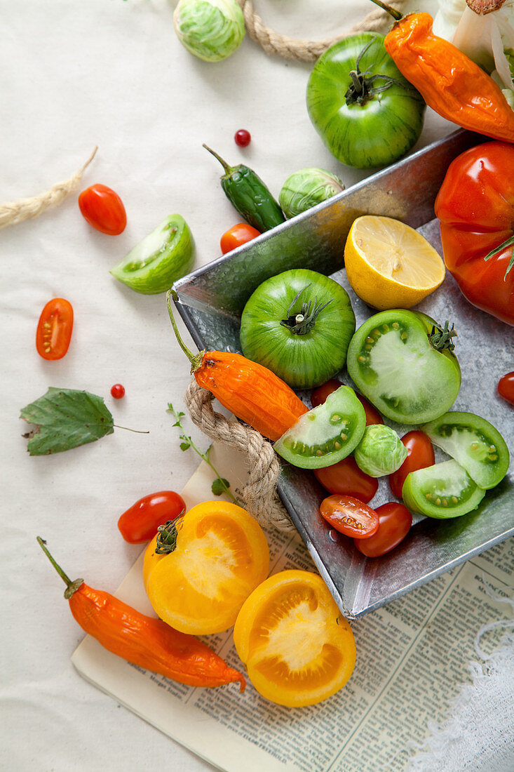 Various tomatoes and chilli peppers