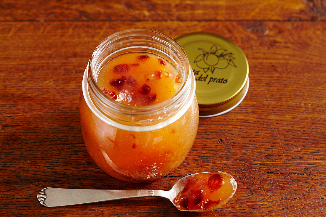 Pear jam with cranberries, marzipan, mango and lime juice