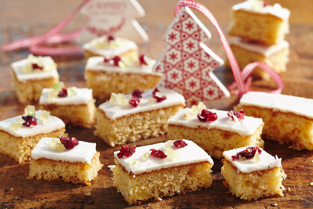 Ginger slices with icing and candied fruit