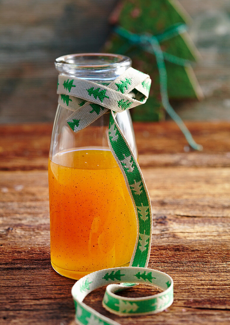 Homemade passion fruit syrup with vanilla