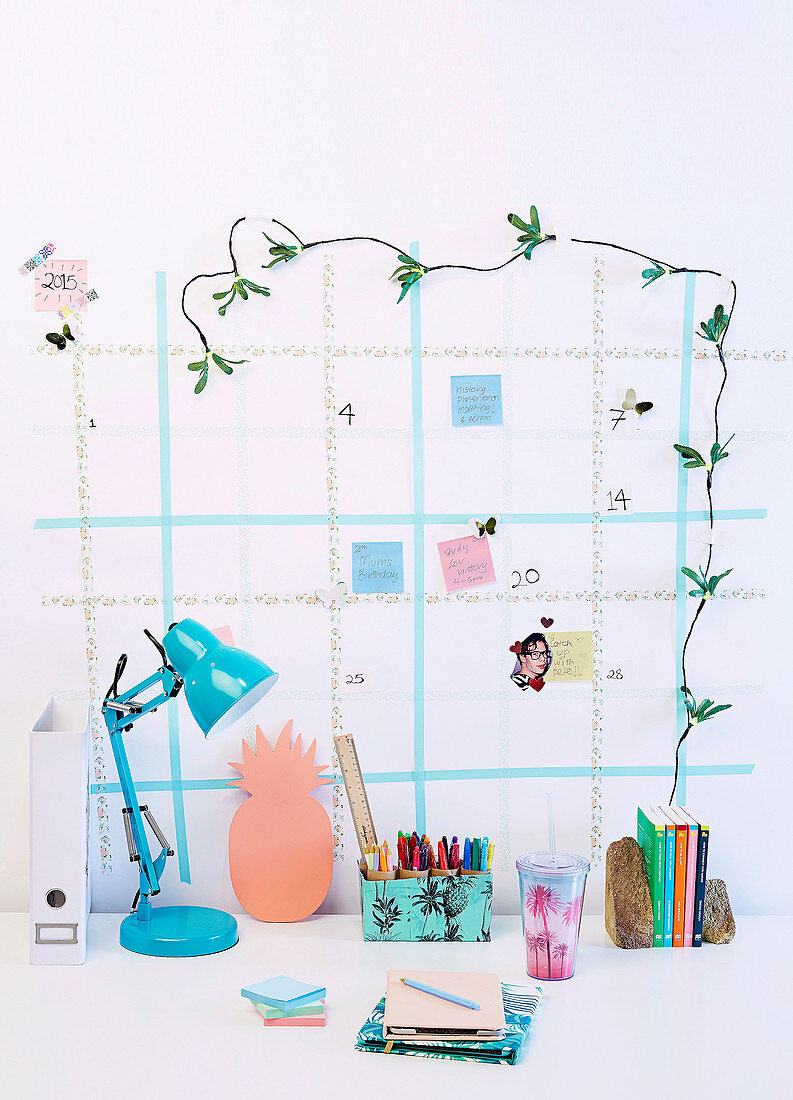 Mini home office with DIY wall calendar