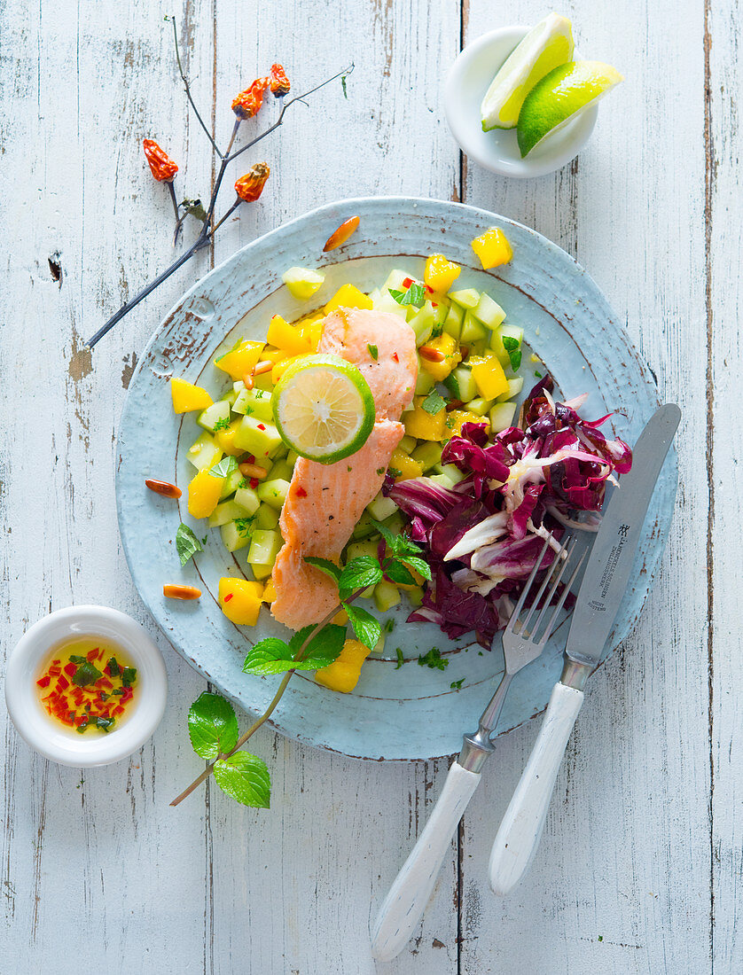 Salmon fillet on a mango and cucumber salad with radicchio