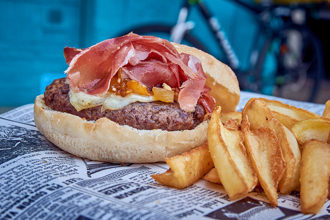 A hamburger with Iberico ham