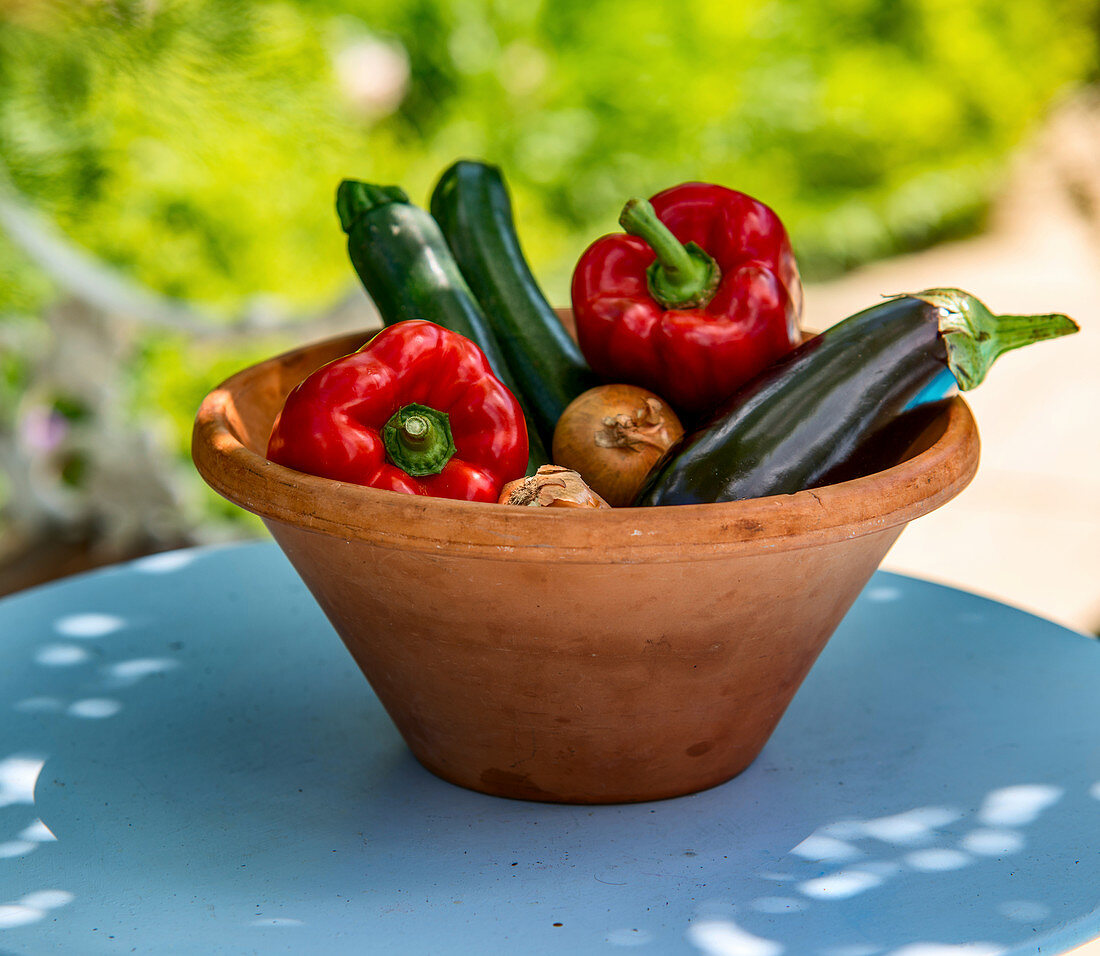 Frisches Gemüse in Tonschale auf Tisch im Freien